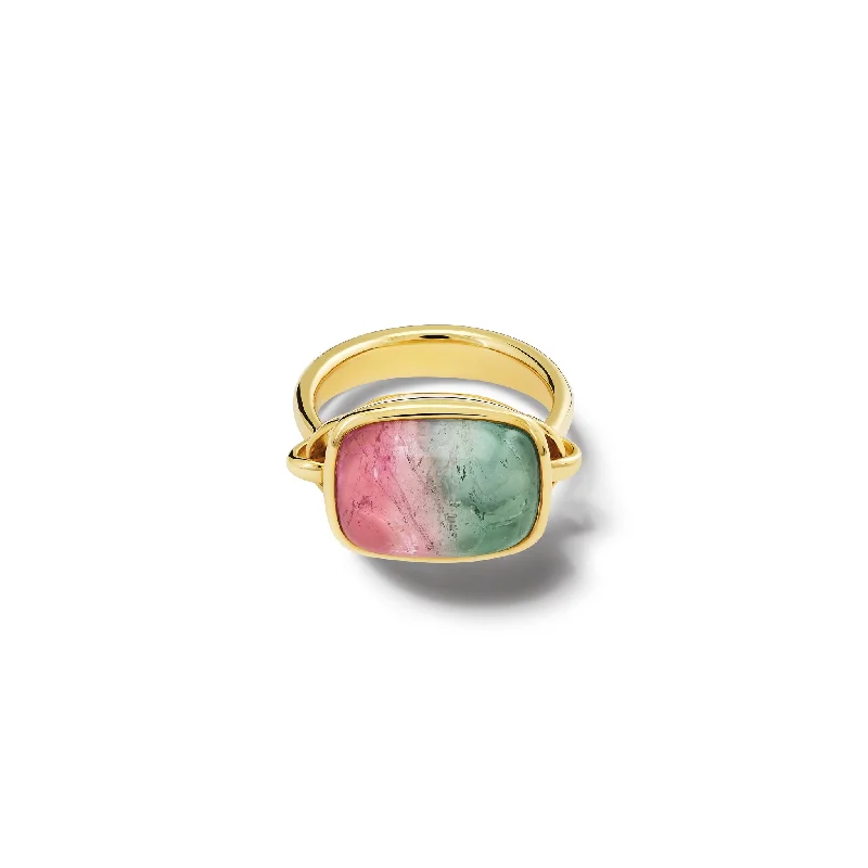 women’s square diamond rings-Baguette Ring 18ct Yellow Gold - Cabochon Watermelon Tourmaline