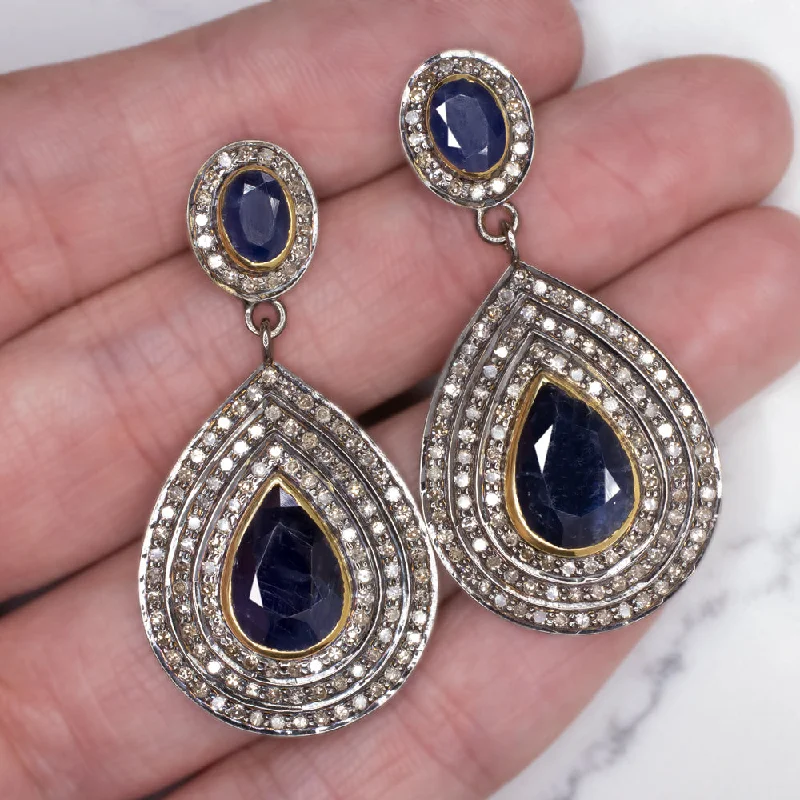 women’s gemstone stud earrings-NATURAL DIAMOND SAPPHIRE EARRINGS STATEMENT DROP DANGLE PEAR TEARDROP BLUE BIG