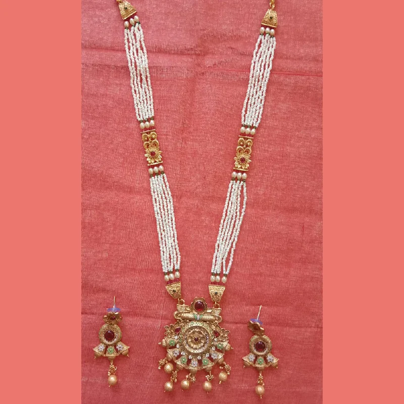 women’s pearl drop necklaces-Neetu Art Gold Plated Pota Stone And Pearl Long Necklace Set