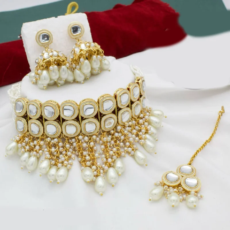 women’s chunky necklaces-Kavita Art Gold Plated Kundan Stone And Pearl Choker Necklace Set