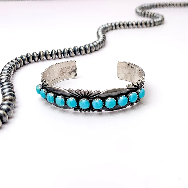 women’s layered bangles-P Yazzie | Navajo Handmade Sterling Silver Cuff With Eleven Small Turquoise Stones