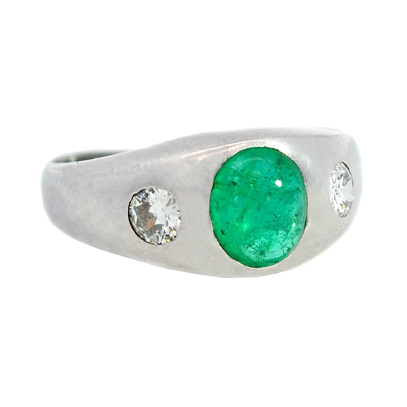 women’s custom-made rings-Victorian Platinum Diamond & Emerald Cabochon Ring