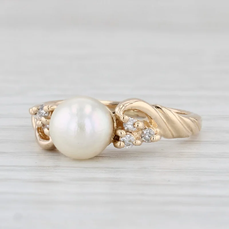 women’s diamond wedding engagement rings-Cultured Pearl Diamond Ring 14k Yellow Gold Size 4.75