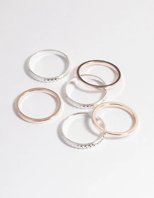 women’s band rings-Mixed Metal Textured & Plain Ring 6-Pack