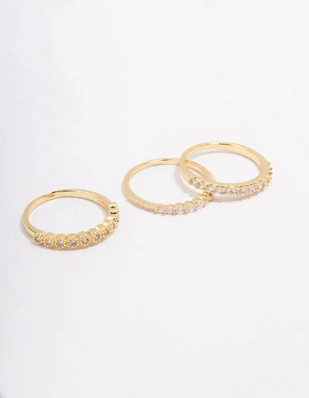 women’s fashion statement rings-Gold Plated Cubic Zirconia Round Triple Stacking Ring