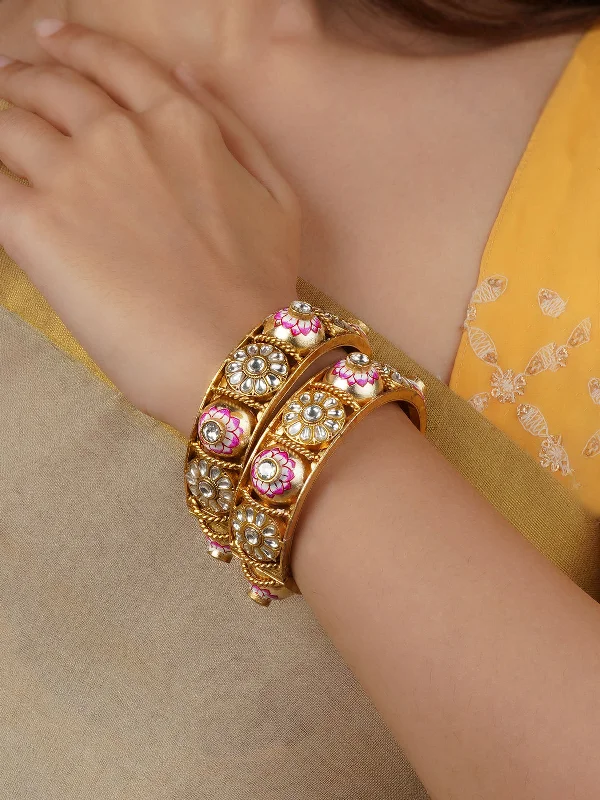 women’s colorful bangles-Pink Color Gold Plated Thappa Jadau Kundan Bangles - TJ-B15