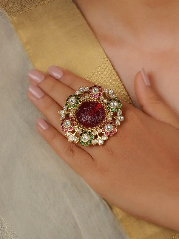 women’s bridal rings-Multicolor Gold Plated Jadau Kundan Ring - MRNG177M