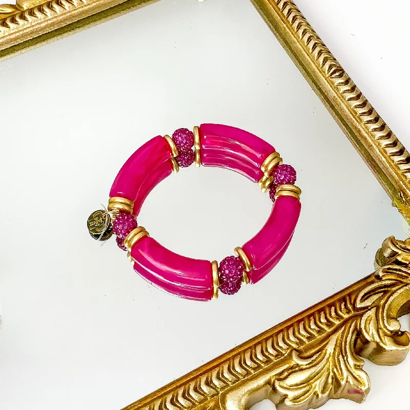 women’s layered bracelets-Pink Panache | Chunky Tube Bangle with Fuchsia Crystal and Gold Tone Bead Spacers in Fuchsia