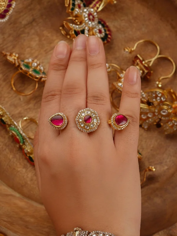 women’s round diamond rings-Pink Color Gold Plated Jadau Kundan Ring - MRNG176