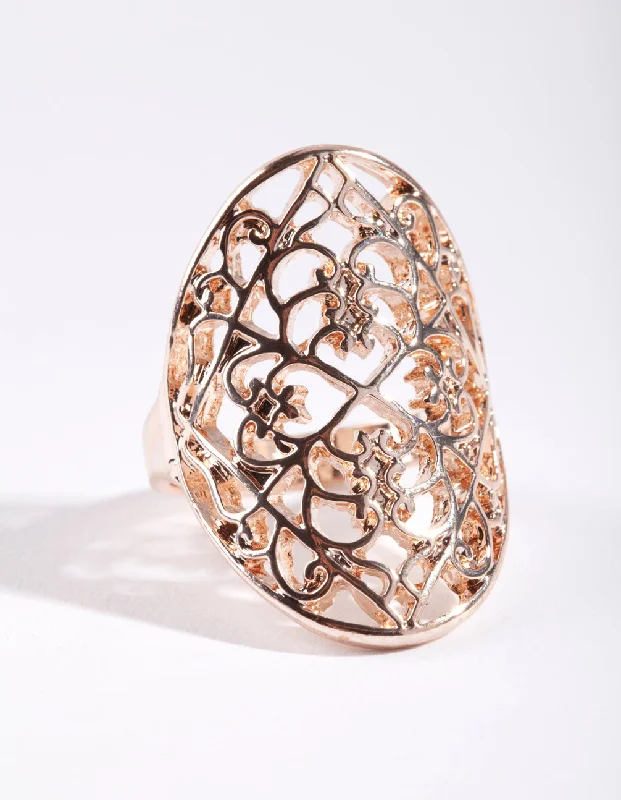 women’s double band rings-Rose Gold Filigree Shield Ring