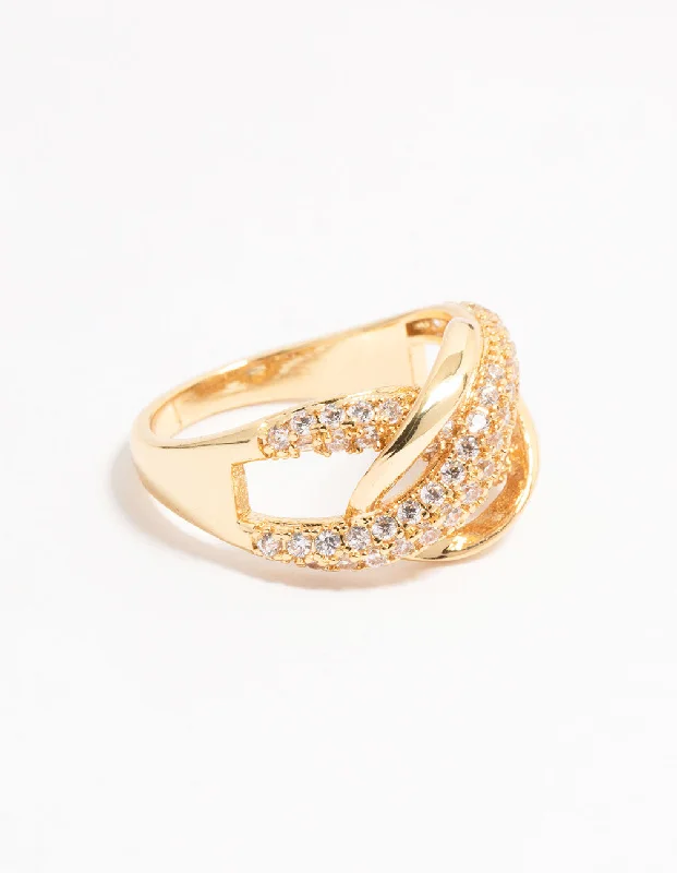 women’s fashion statement rings-Gold Plated Pave X Link Cubic Zirconia Ring