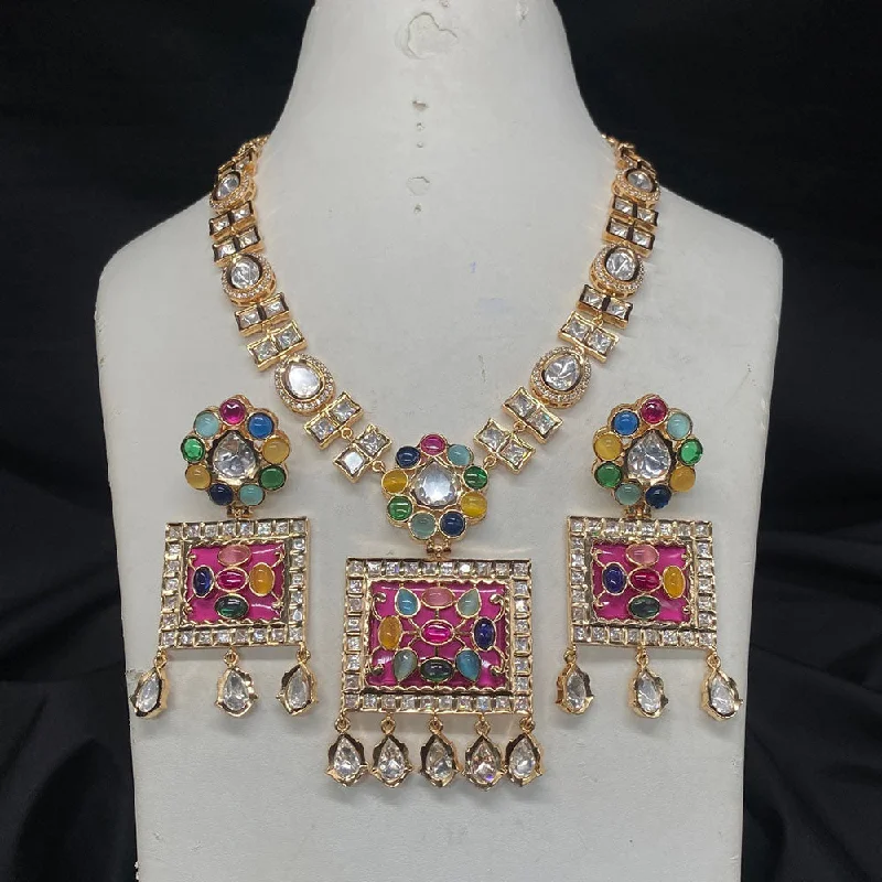 women’s engraved necklaces-Royal Kundan Jewellery Gold Plated Polki Kundan Necklace Set