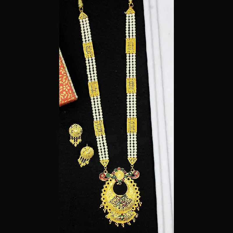 women’s sapphire necklaces-Mahavir Dye Gold Plated Pearl Long Necklace Set