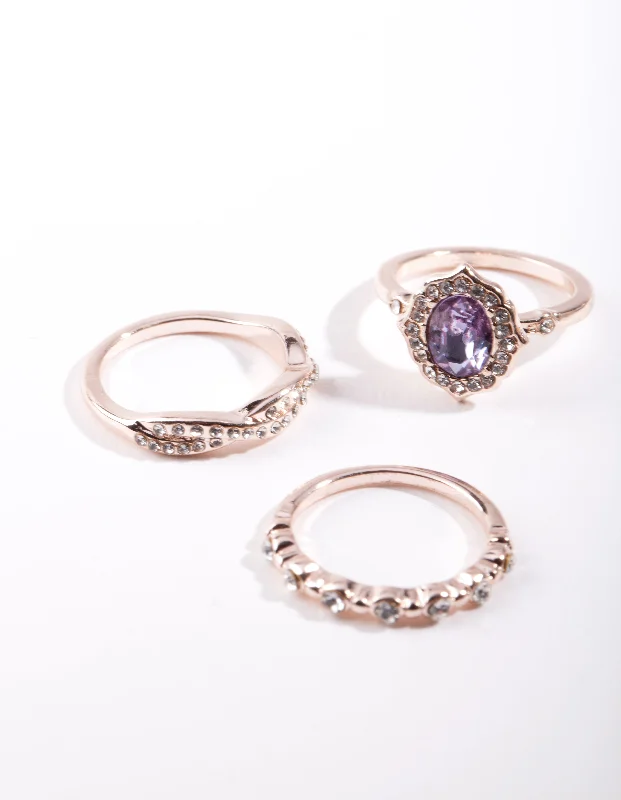 women’s fashion statement rings-Rose Gold Purple Stone Ring Stack