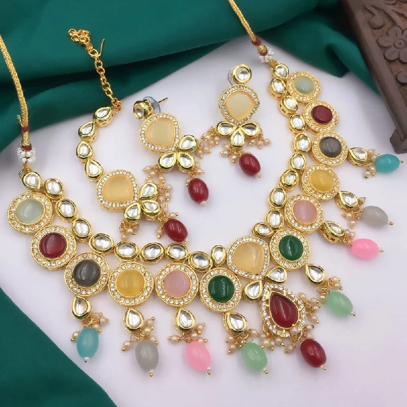 women’s elegant necklaces-5G Jewellery Gold Plated Kundan Stone And Beads  Necklace Set