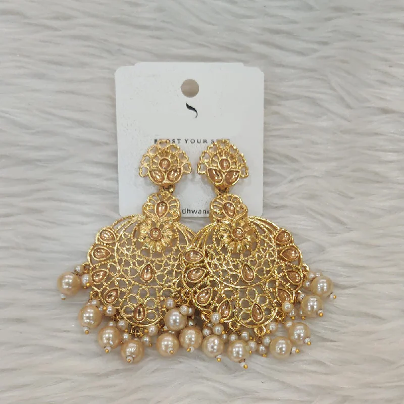 women’s heart-shaped earrings-Dhwani Gold Plated Kundan Stone And Pearl Dangler Earrings