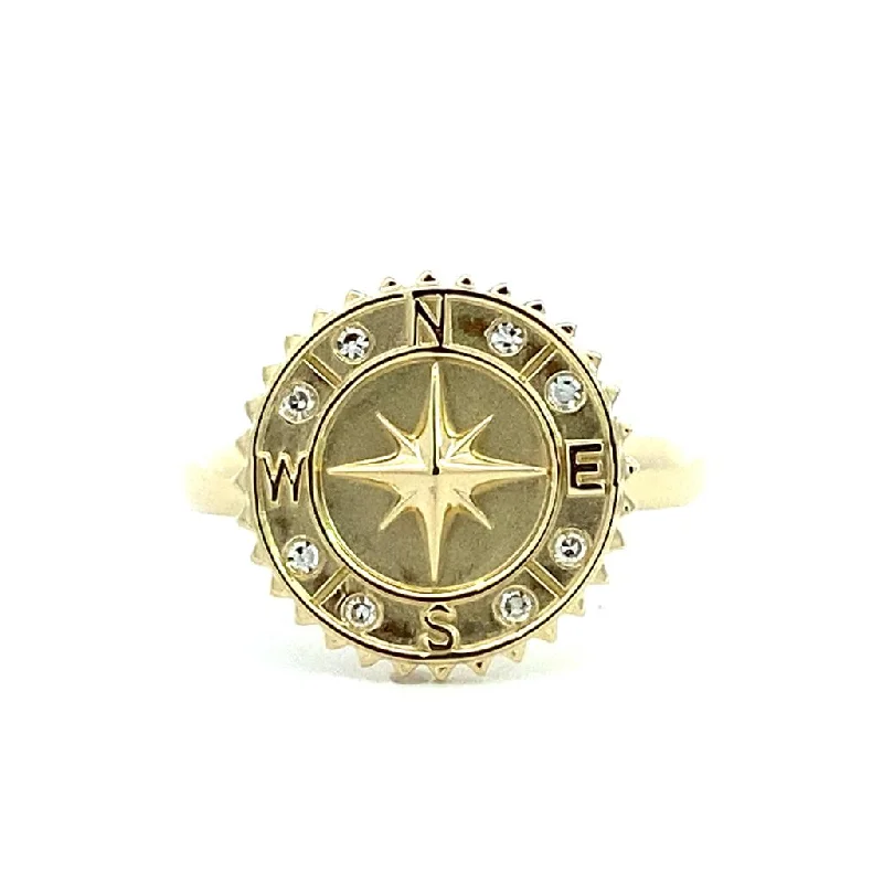 women’s classic engagement rings-14K Yellow Gold Satin Finish Compass Medallion Diamond Ring