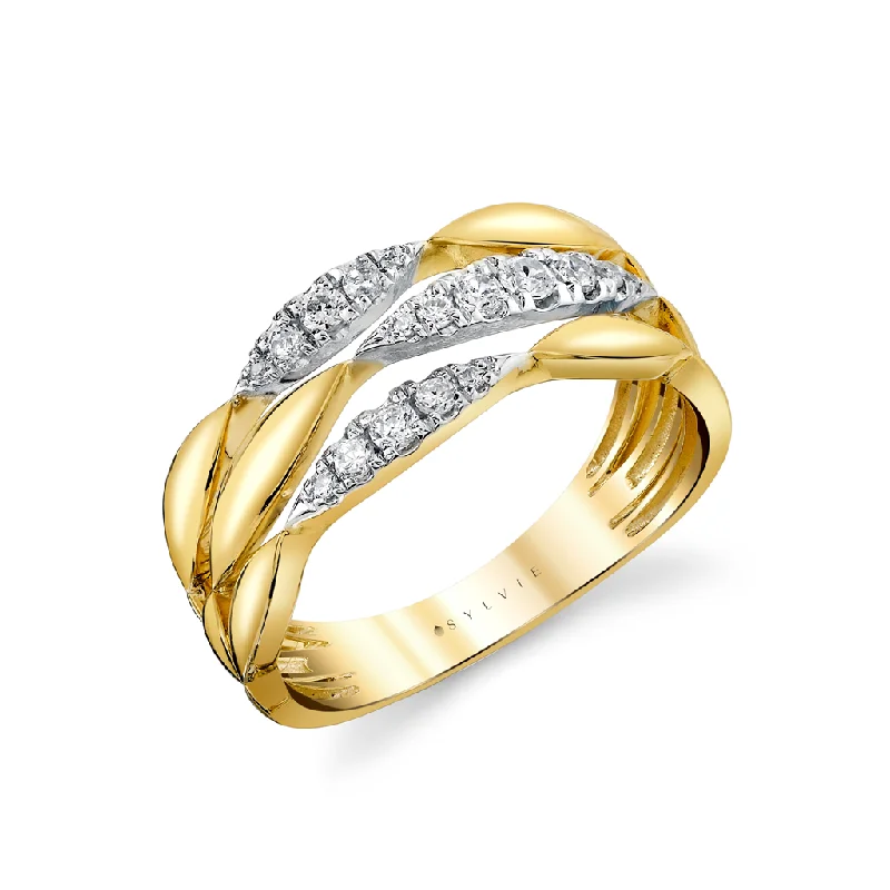 women’s engagement rings with baguette diamonds-14K Yellow And White Gold Three Row Twisted Diamond Ring