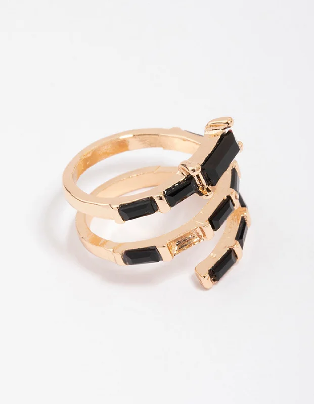 women’s bridal rings-Gold & Black Baguette Wrapped Twisted Ring