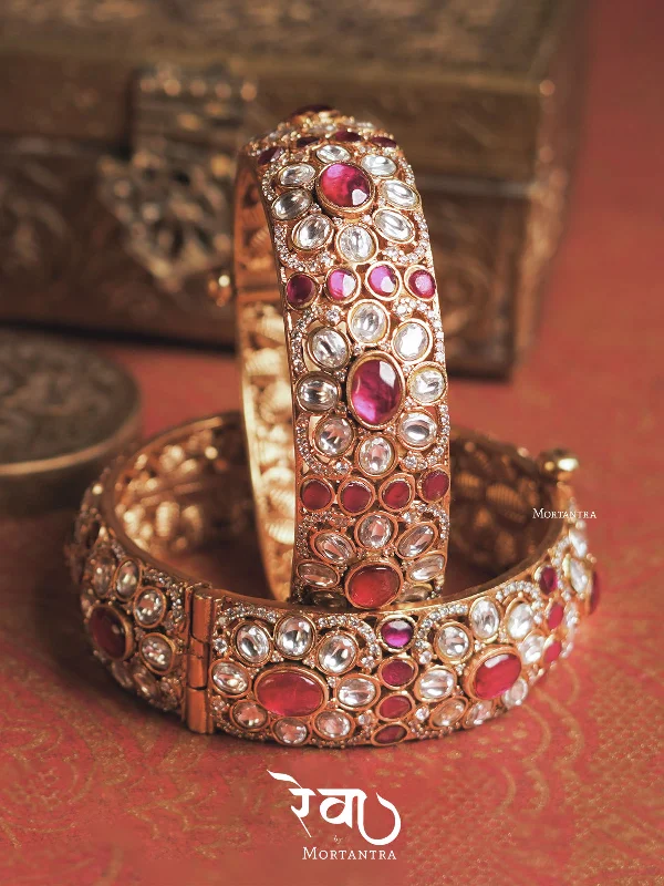 women’s unique bangles-Pink Color Gold Plated Jadau Kundan Bangles - MO-B1WP