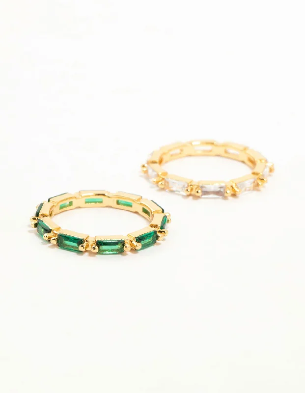 women’s silver stackable rings-Gold Plated Green & Silver Baguette Stacking Rings 2-Pack