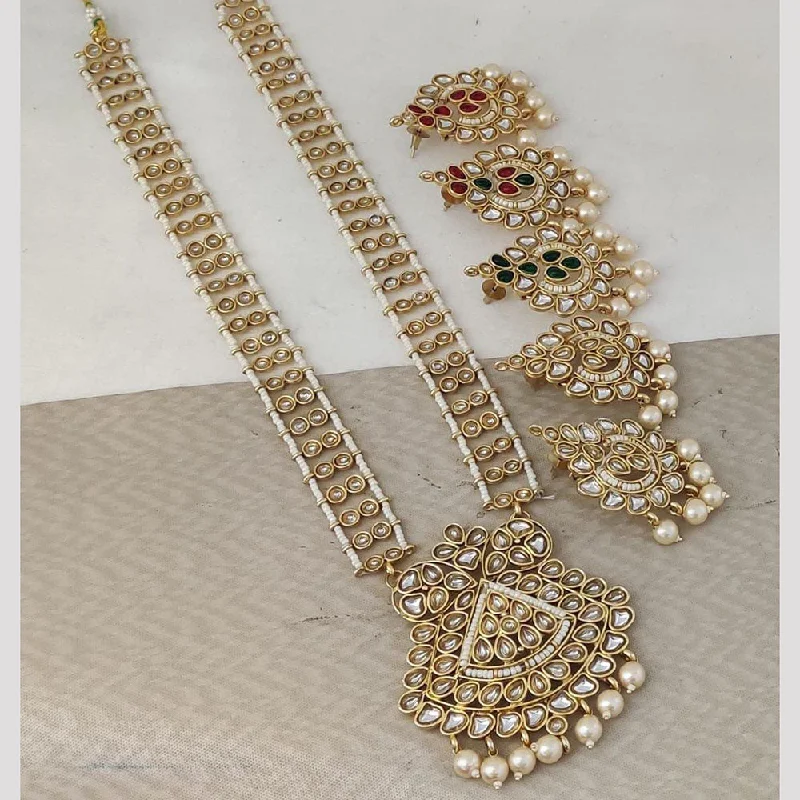 women’s romantic necklaces-Rani Sati Jewels Gold Plated Pearl And Kundan Long Necklace Set