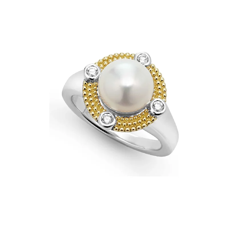 women’s heirloom style engagement rings-Lagos Sterling Silver and 18K Yellow Gold Luna Pearl & Diamond Ring