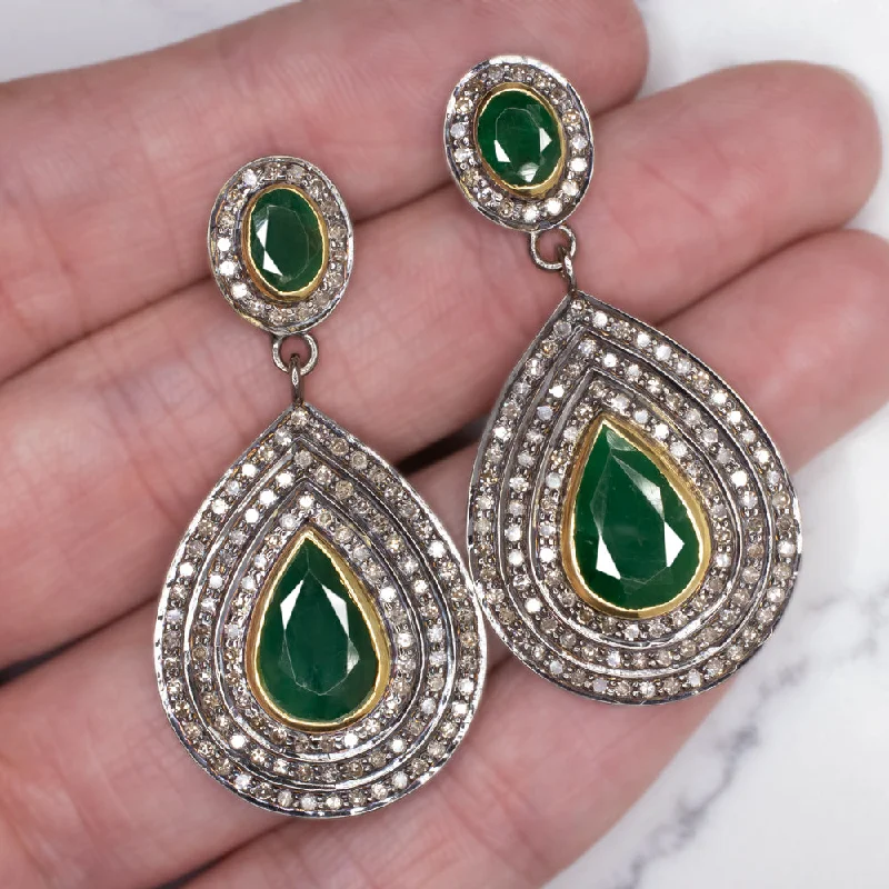 women’s classic earrings-NATURAL DIAMOND EMERALD EARRINGS STATEMENT DROP DANGLE PEAR TEARDROP GREEN BIG