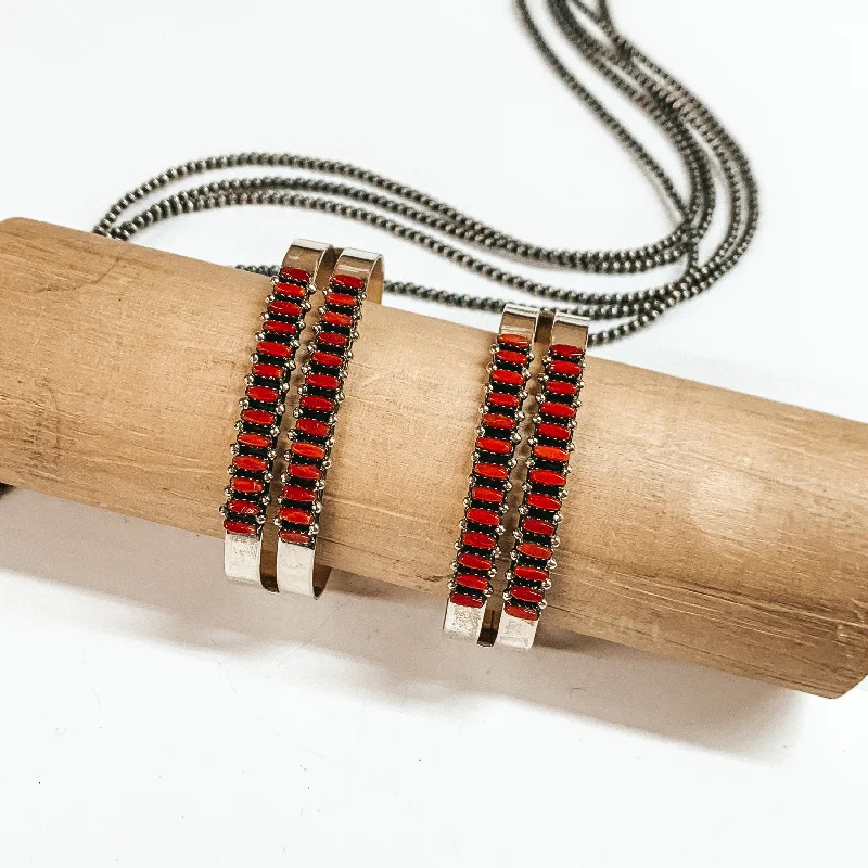 women’s trendy bangles-V Martz | Zuni Handmade Sterling Silver Double Cuff with Red Coral Stones