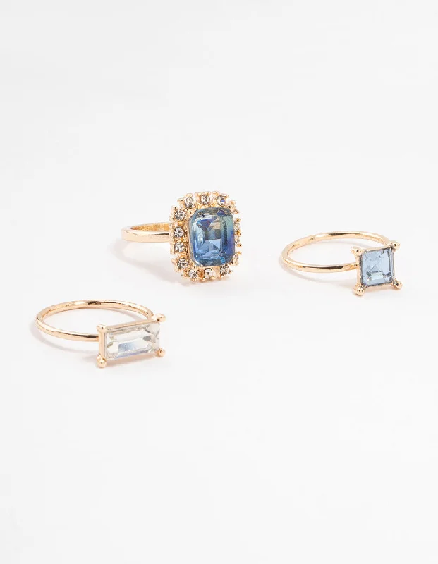 women’s opal rings-Rose Gold Framed Blue & Silver  Diamante Rings 3-Pack