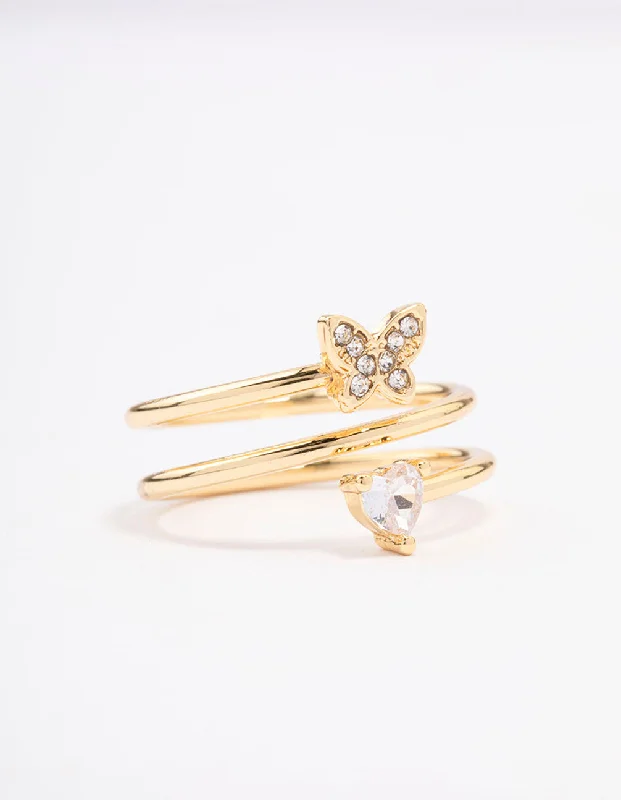 women’s adjustable rings-Gold Plated Heart Butterfly Wrapped Ring