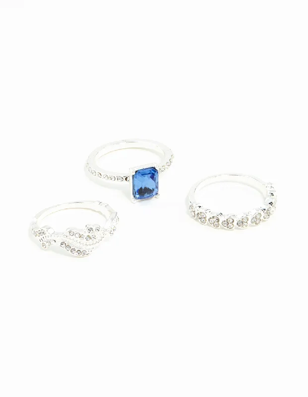 women’s romantic rings-Silver Baguette Sapphire Diamante Ring Stack