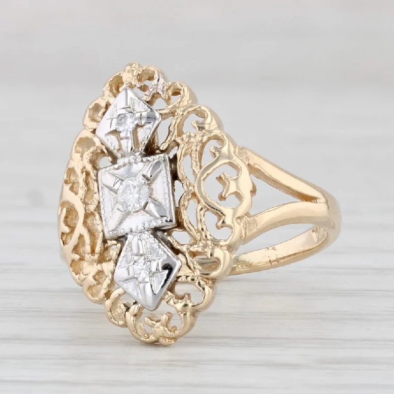 women’s affordable engagement rings for women-Vintage Diamond Ring 10k Yellow Gold Size 4 Ornate Openwork