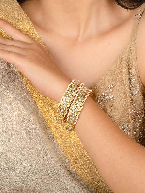 women’s minimalist bracelets-White Color Gold Plated Jadau Kundan Bangles - MB180Y