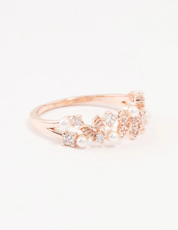 women’s cushion-cut rings-Rose Plated Gold Butterfly Pearl Band Ring