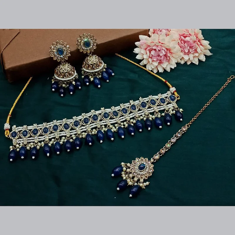 women’s trendy necklaces-India Art Gold Plated Kundan Stone And Pearls Choker Necklace Set