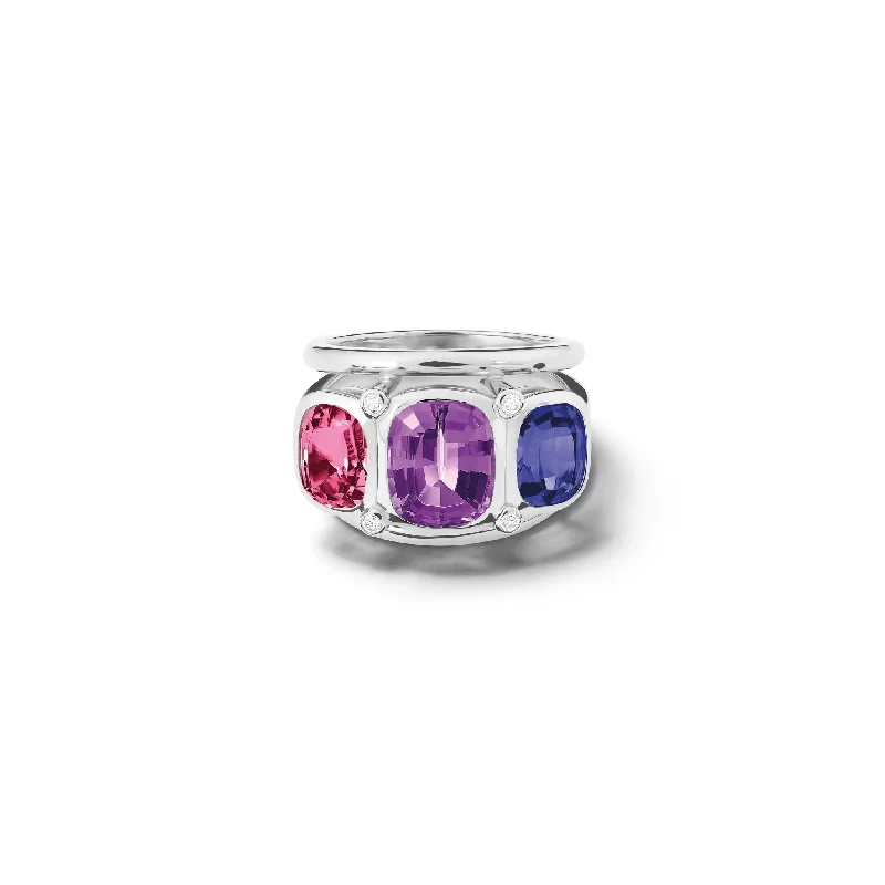 women’s platinum engagement rings-Ozymandias Ring 18ct White Gold - Amethyst, Pink Tourmaline, Iolite & Diamond