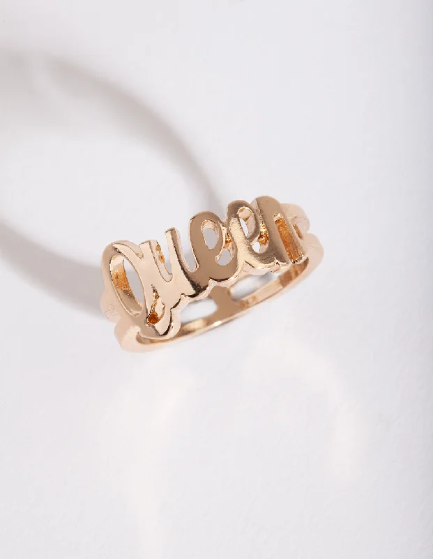 women’s platinum engagement rings-Gold "Queen" Script Ring