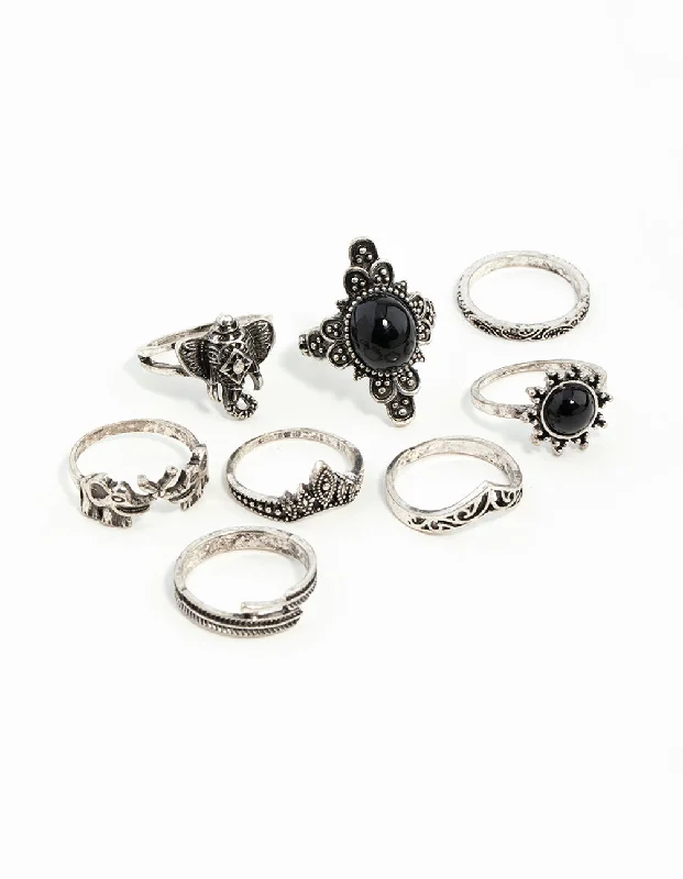 women’s anniversary rings-Antique Silver Boho Elephant Style Rings 8-Pack