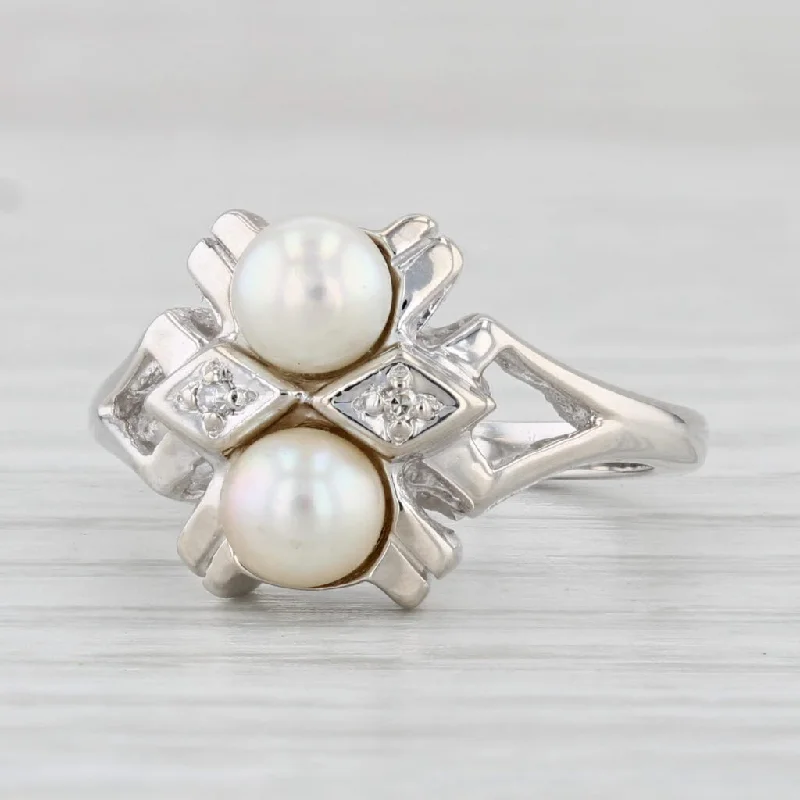 women’s simple engagement rings-Vintage Cultured Pearl Diamond Ring 14k White Gold Size 4.75