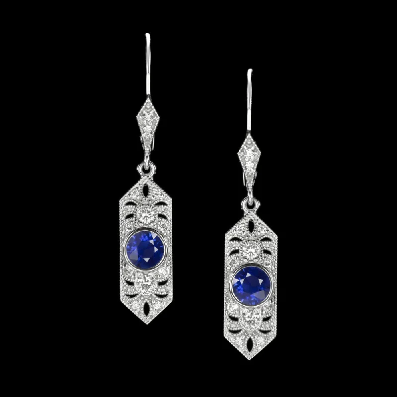 women’s choker earrings-VINTAGE STYLE SAPPHIRE DIAMOND DROP EARRINGS ART DECO DANGLE BLUE WHITE GOLD