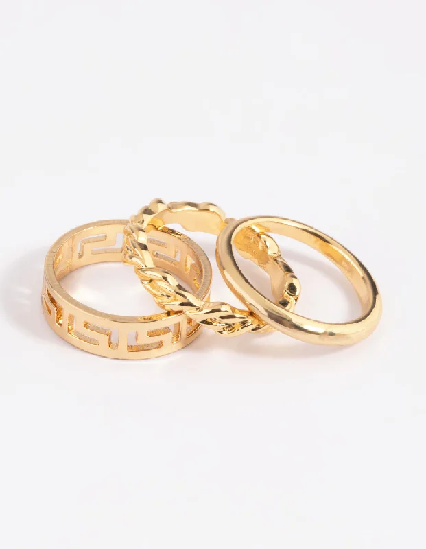 women’s personalized rings with name-Gold Plated Greek Key Ring Pack