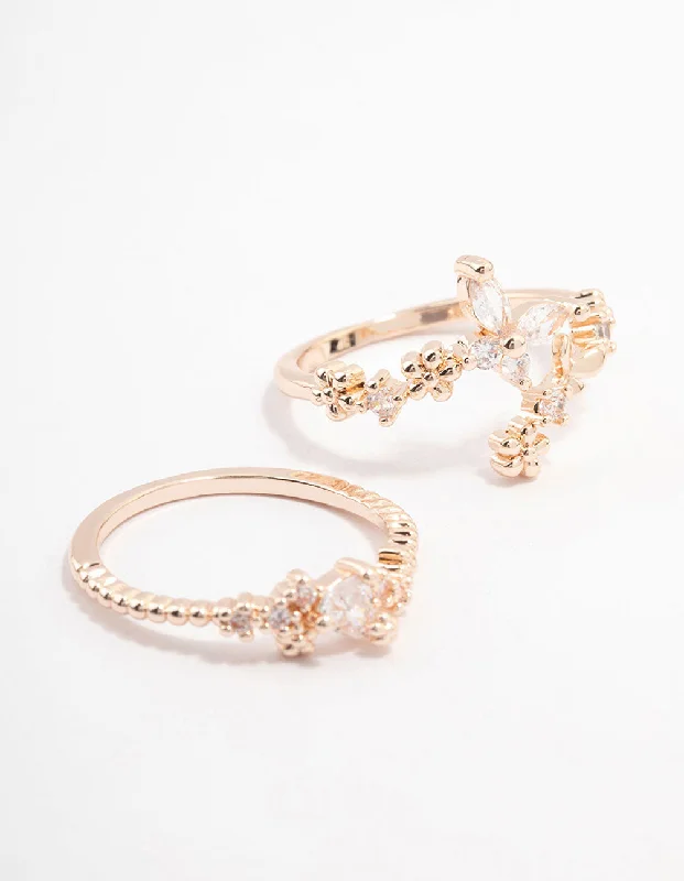 women’s chunky rings-Rose Gold Plated Floral Stone Stacking Ring Pack