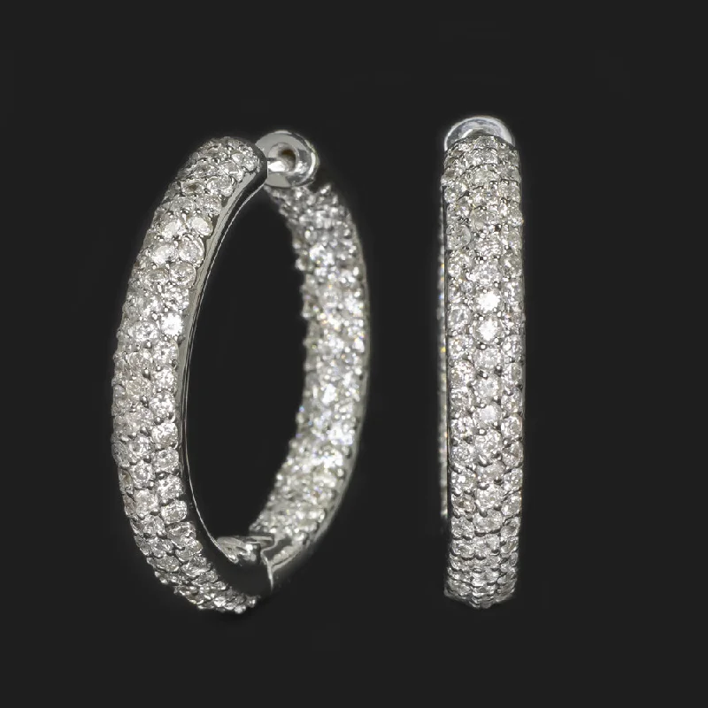 women’s ear thread earrings-5.25ct NATURAL DIAMOND IN AND OUT HOOP EARRINGS PAVE ROUND CUT 14k WHITE GOLD