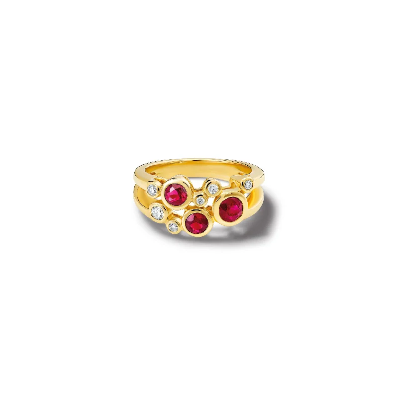 women’s pear-shaped diamond rings-Cirkel Two Row Ring 18ct Yellow Gold - Ruby & Diamond