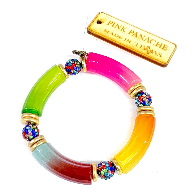 women’s fashion bangles-Pink Panache | Chunky Tube Bangle with Rhinestone Bead Spacers in Multicolor