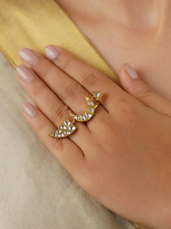 women’s minimalist rings-White Color Gold Plated Thappa Jadau Kundan Ring - TJ-R64