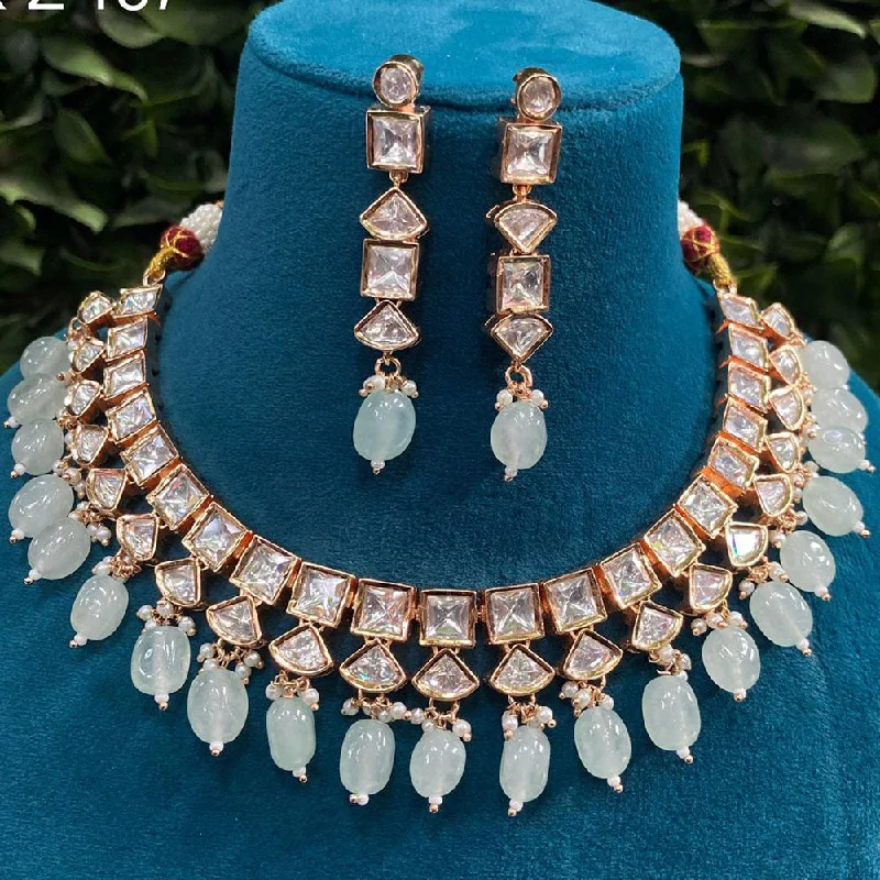 women’s romantic necklaces-Royal Kundan Jewellery Gold Plated Polki Kundan And Beads Necklace Set