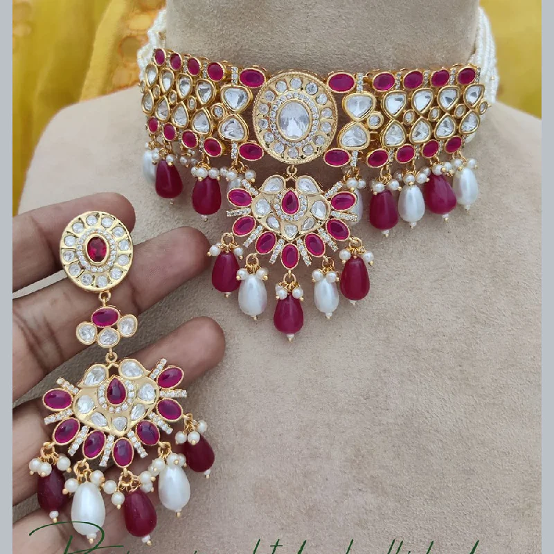 women’s multi-layer necklaces-Jewel Addiction Copper Gold Plated Polki Kundan And Pearls Kundan Necklace Set