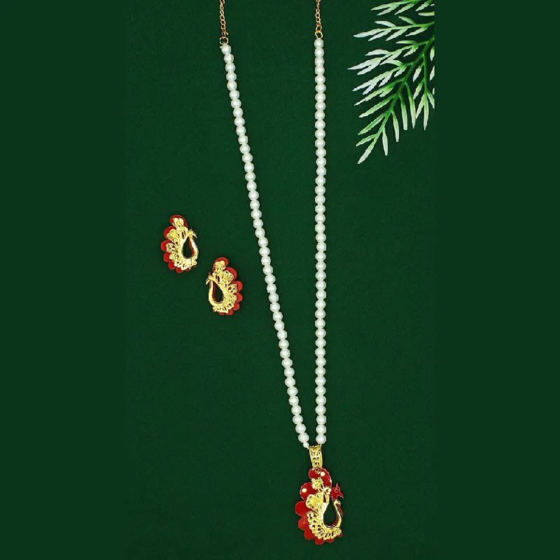 women’s fine jewelry necklaces-Mahavir Dye Gold Plated Pearl Long Necklace Set